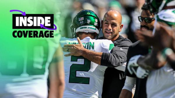 Oct 3, 2021; East Rutherford, NJ, USA;  New York Jets head coach Robert Saleh hugs quarterback Zach Wilson before the game against the Tennessee Titans at MetLife Stadium. Mandatory Credit: Kevin R. Wexler-USA TODAY